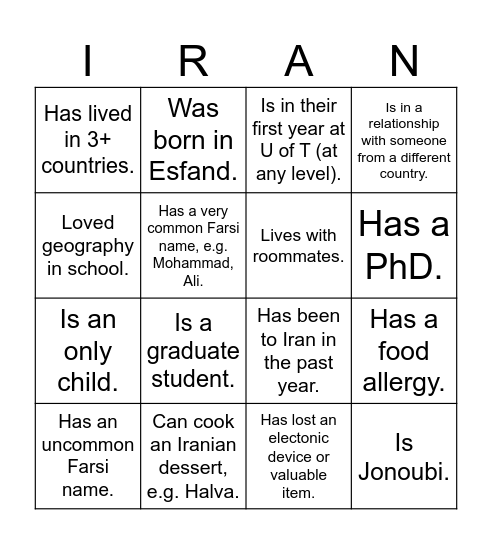 UTIRAN Nowruz 1403 Bingo! Find someone who... Bingo Card