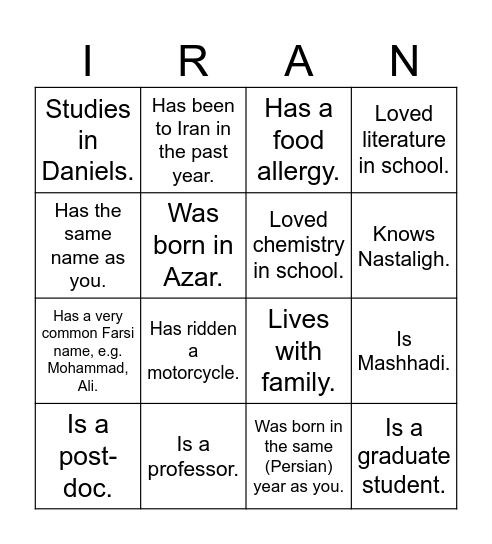 UTIRAN Nowruz 1403 Bingo! Find someone who... Bingo Card