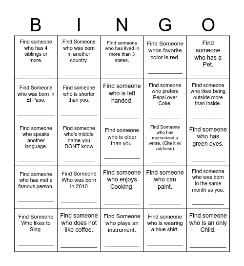 Find Someone Who Bingo Card