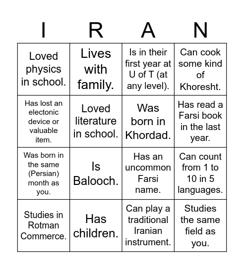 UTIRAN Nowruz 1403 Bingo! Find someone who... Bingo Card