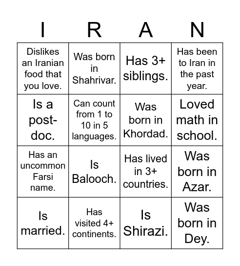 UTIRAN Nowruz 1403 Bingo! Find someone who... Bingo Card