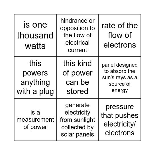 GRID Solar Energy Bingo Card