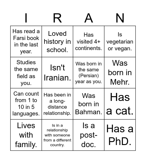 UTIRAN Nowruz 1403 Bingo! Find someone who... Bingo Card