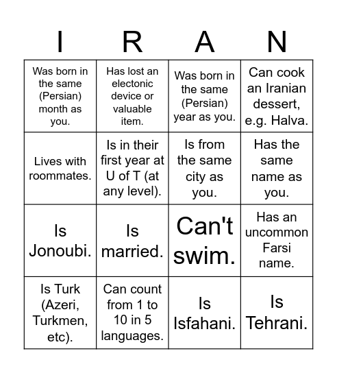 UTIRAN Nowruz 1403 Bingo! Find someone who... Bingo Card