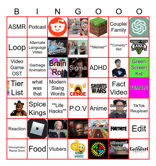 YouTube Shorts Bingo Card