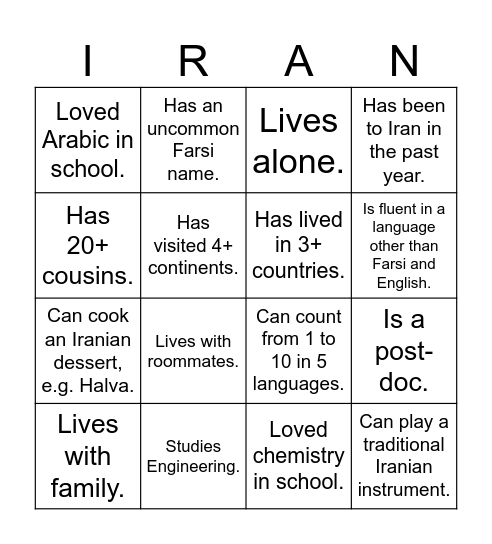 UTIRAN Nowruz 1403 Bingo! Find someone who... Bingo Card