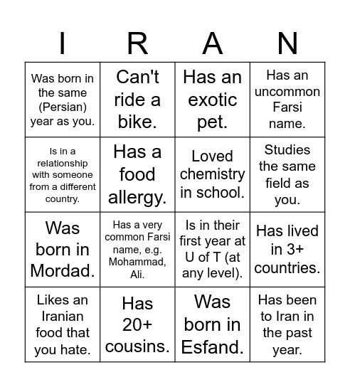 UTIRAN Nowruz 1403 Bingo! Find someone who... Bingo Card