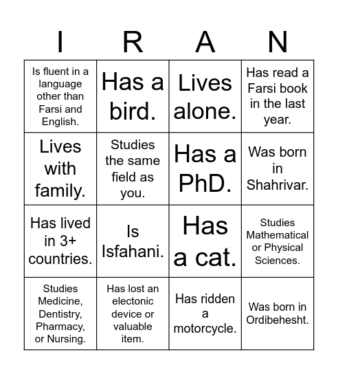 UTIRAN Nowruz 1403 Bingo! Find someone who... Bingo Card