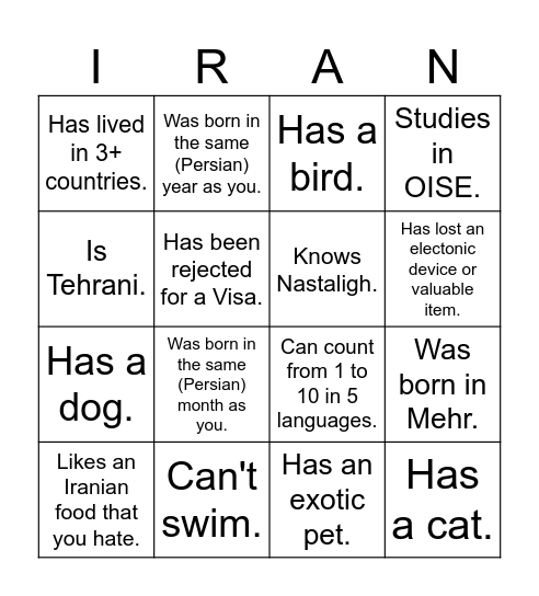 UTIRAN Nowruz 1403 Bingo! Find someone who... Bingo Card