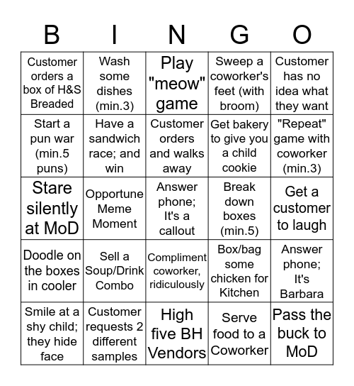 Deli Closer Bingo Card