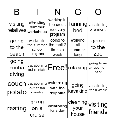 Summer break Bingo Card