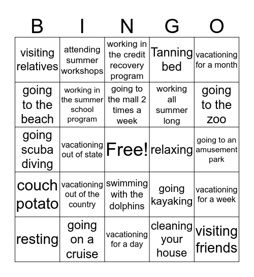 Summer break Bingo Card