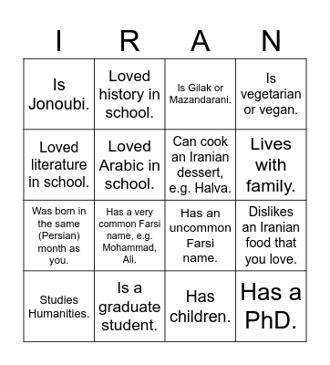 UTIRAN Nowruz 1403 Bingo! Find someone who... Bingo Card