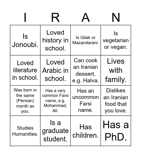 UTIRAN Nowruz 1403 Bingo! Find someone who... Bingo Card