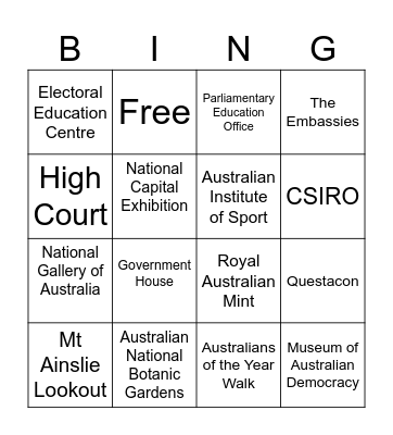 Canberra BINGO Card