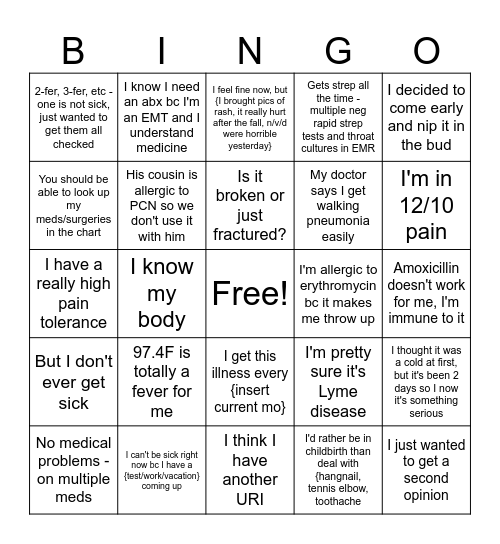 Urgent Care Bingo Card