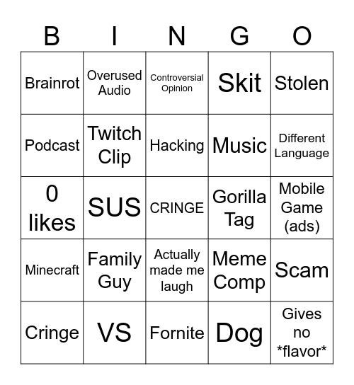 YT Shorts Bingo Card