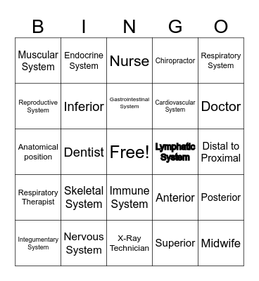 Body Systems, Anatomical Vocab and Health Careers Bingo Card