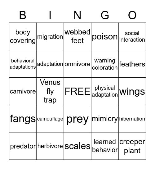 Animal and Plant Adaptations Bingo Card