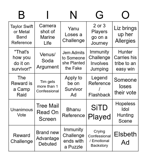 Survivor 46 Episode 5 Bingo Card