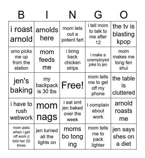 coming home over the weekend Bingo Card