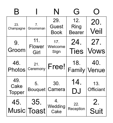 Wedding Bingo Card