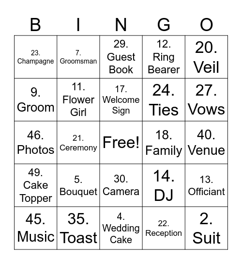 Wedding Bingo Card