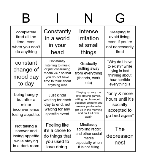 depression bingo Card