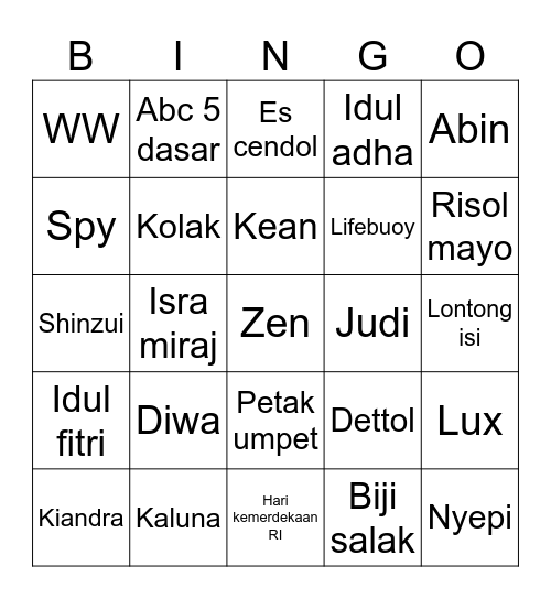Bingo Kaluna Bingo Card