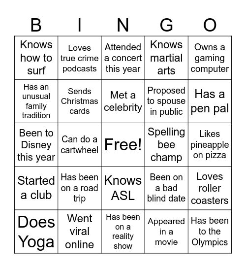 Getting to Know You Bingo Card