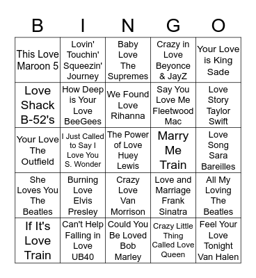 Brittany and John's Love Song Bingo  Bingo Card
