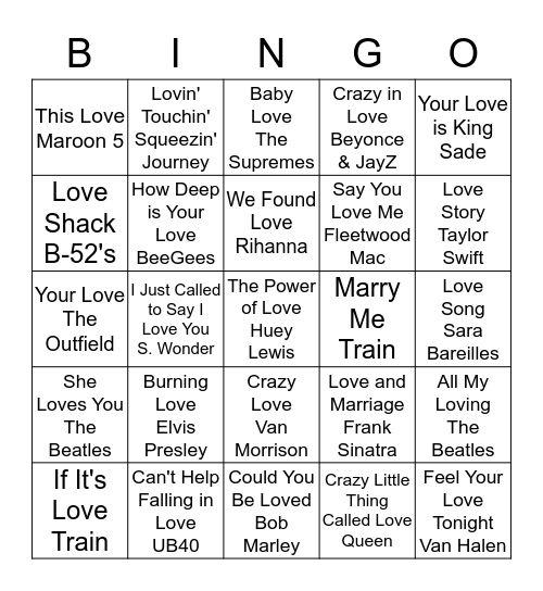 Brittany and John's Love Song Bingo  Bingo Card