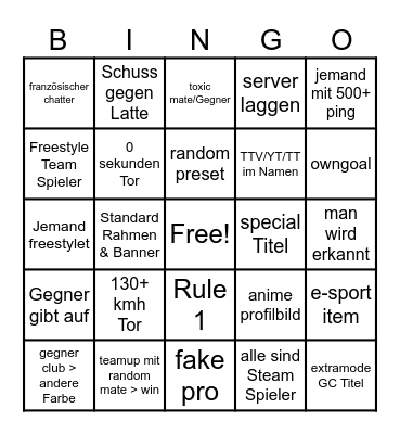 Rocket League Bingo Card