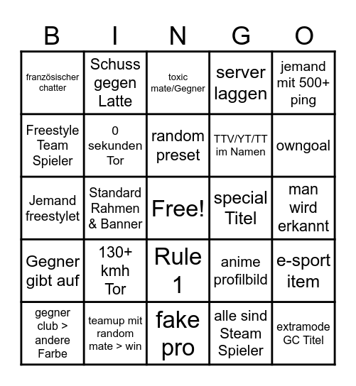 Rocket League Bingo Card