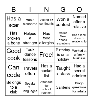 Getting to Know You Bingo Card