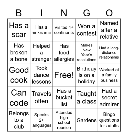 Getting to Know You Bingo Card
