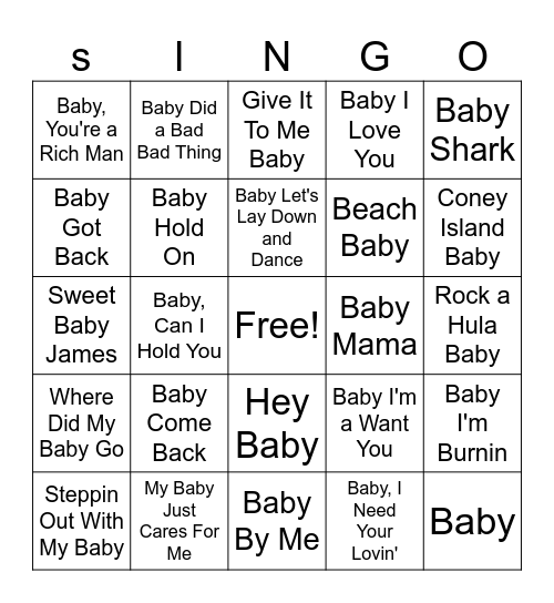 Baby Singo! Bingo Card