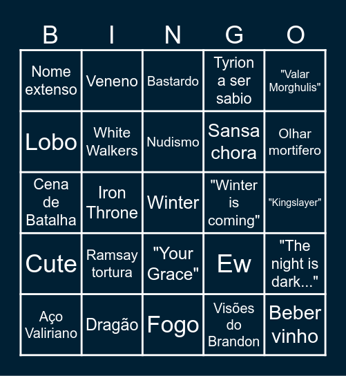 Game of Thrones Bingo Card