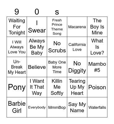 90's Music Bingo Card