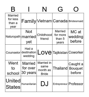 Lily and Hadi Bingo Card