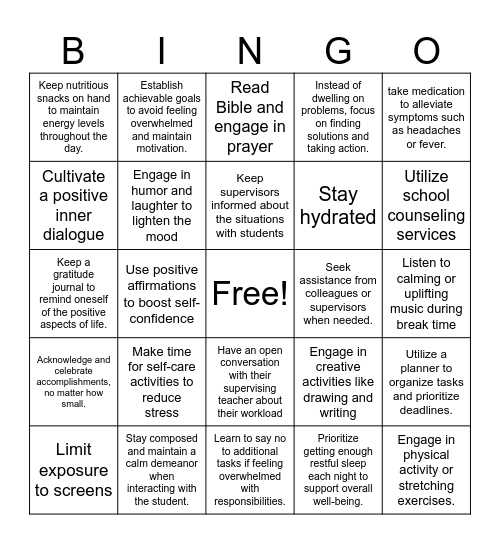 Emmanuel's Stress Bingo Card