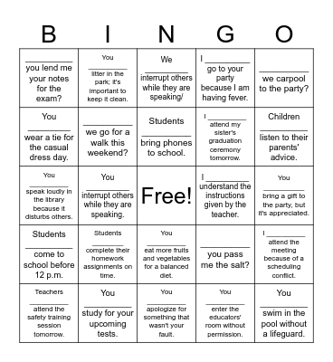 MODAL VERBS Bingo Card