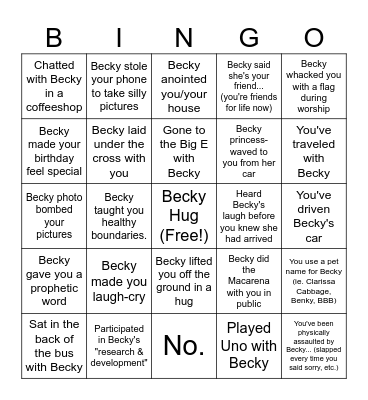 Becky's Birthday Bingo Card
