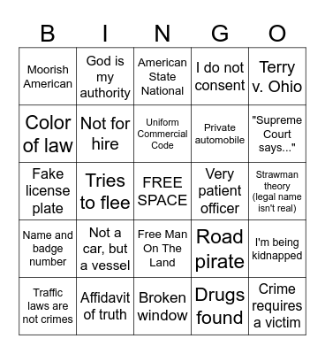 Sovereign Citizen Bingo (Traffic Stop Edition) Bingo Card