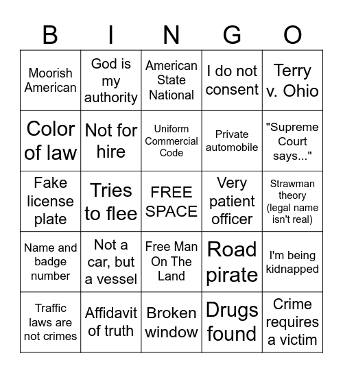 Sovereign Citizen Bingo (Traffic Stop Edition) Bingo Card