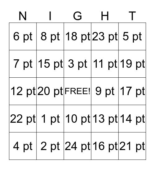 Night Bingo Card