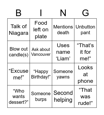 Dinner table Bingo Card