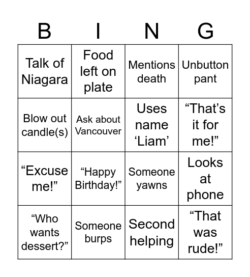 Dinner table Bingo Card