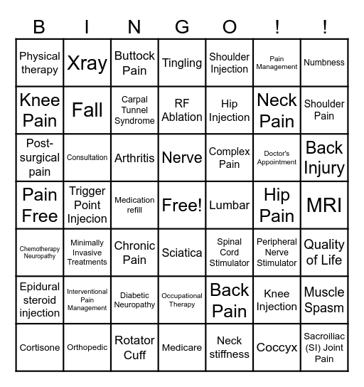 Back Pain Bingo Card