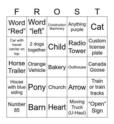On the Way Home Bingo Card